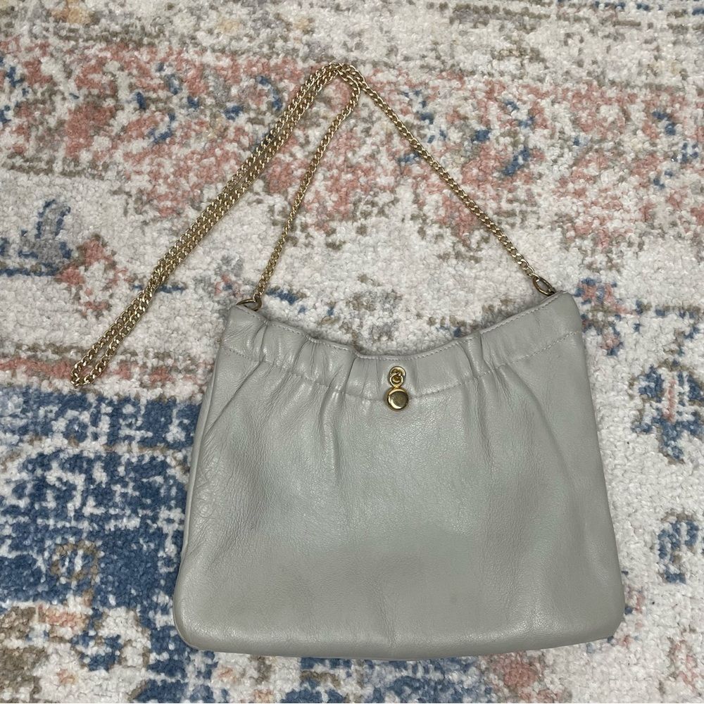 VINTAGE- Taupe Gray Ande Leather Handbag Gold Tone Chain 10” by 7”